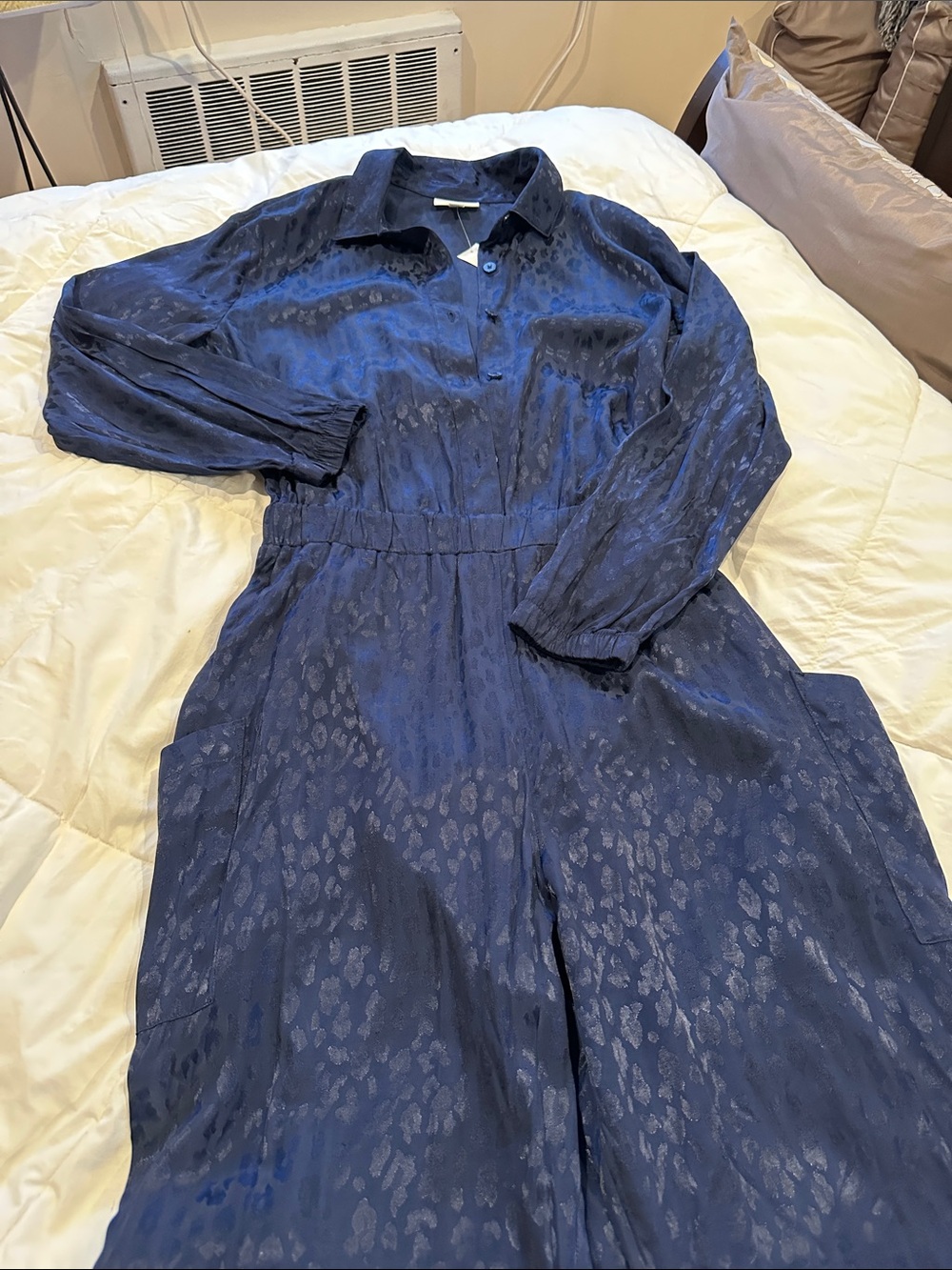 Long-Sleeve Navy Blue Button-Front Jumpsuit Cargo Pockets